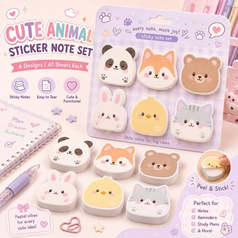 Kawaii Cute Shaped Sticky Note Set (6 Designs) - Cute Animal Series