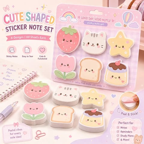 Kawaii Cute Shaped Sticky Note Set (6 Designs) - Sweet Pastel Series